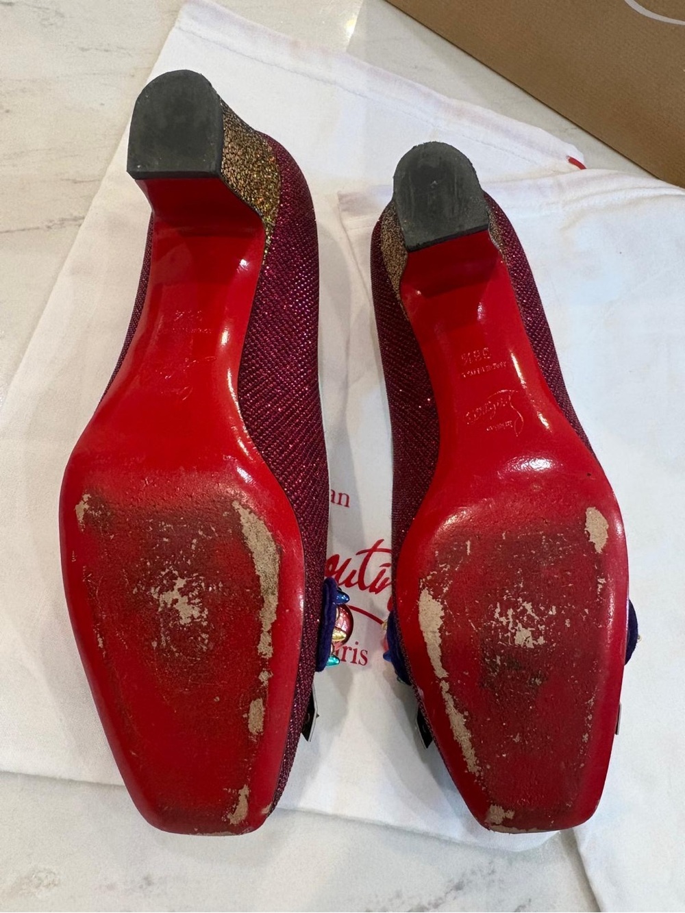 Christian Louboutin Red Glitter Pumps with Teal and Multicolor Embellishment - Picture 6 of 7